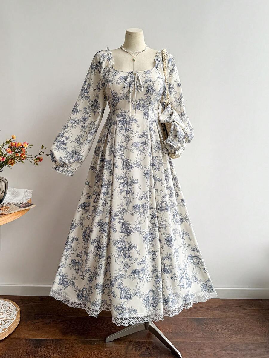 Rusttydustty 女士浪漫法式乡村风格印花长袖连衣裙，收腰设计，适合网络星期一、圣诞节、感恩节和新年等节日派对穿着。