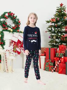 2pcs Christmas Family Matching Girls Snug Fit Pajamas, Fun Letter & Santa Hat Print Long Sleeve Top And Pants, Comfortable Soft Homewear Set, Holiday Gift - Multicolor - View 4