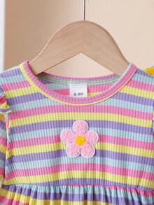 Toddler & Baby Girls' 2-Piece Dress Set: Rainbow Striped Floral Dresses With Ruffled Sleeves - For Autumn & Winter Outer Wear - Multicolor - View 4