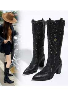 2025 Nouvelles bottes mode femme, style western  avec rivets, bout pointu, talon épais. Idéal pour les vacances en automne/hiver