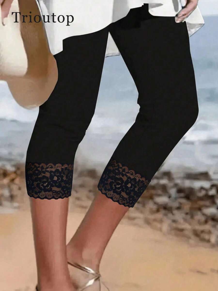 Women's Solid Color Contrast Lace Capri Casual Pants - Black - View 1