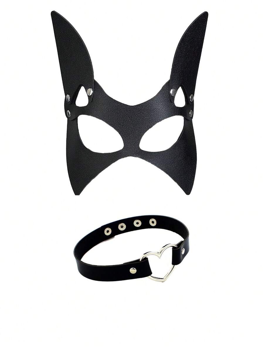 2pcs/1pc Unisex Cat Face Mask, Fox Half Face Mask, Halloween Party Cosplay Mask, Heart Ring Necklace Lingerie Accessories