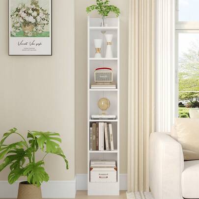 HEXCELEN Bookcase, 6-Tier Narrow Tall Bookshelf, White Wooden Bookshelf With Adjustable Shelf,Open Storage Shelf For Bedroom, Living Room, Home Office, 30x24x169.5cm, White