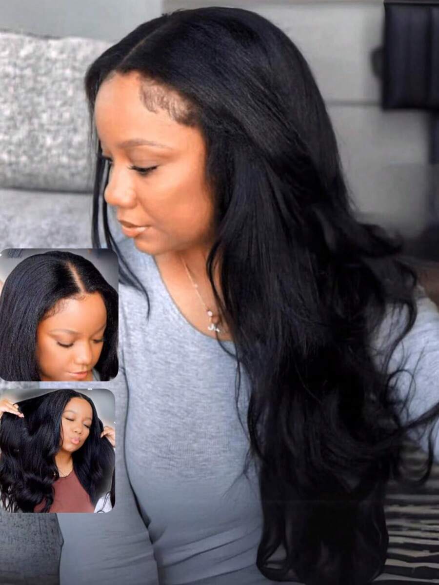 Yaki Straight V Part Wig Human Hair No Leave Out Glueless Wigs For Women Ready To Wear V Shape Clip In Half Kinky Straight Vpart Wigs No Glue Upgraded U Part Wig Natural Color 180% Density - Natural Black - 查看 1
