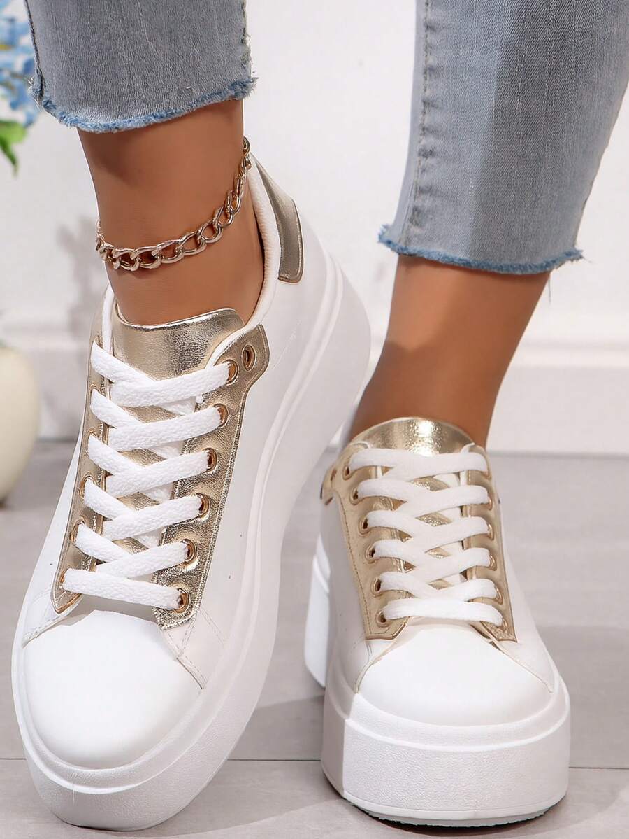 Women's Solid Color Thick Sole Preppy Style Casual Sneakers, Spring/Summer, With Detachable Shoelace Buckle Perfume Bottle Decor - LA279 GOLD - View 1