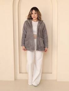 Plush Coat Teddy Blouse With Hood And Pocket - Grey - View 8