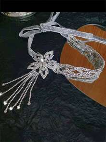 1 buc colier reglabil cu stras și ciucuri de flori, colier tip choker cu panglică cu fundă pentru femei