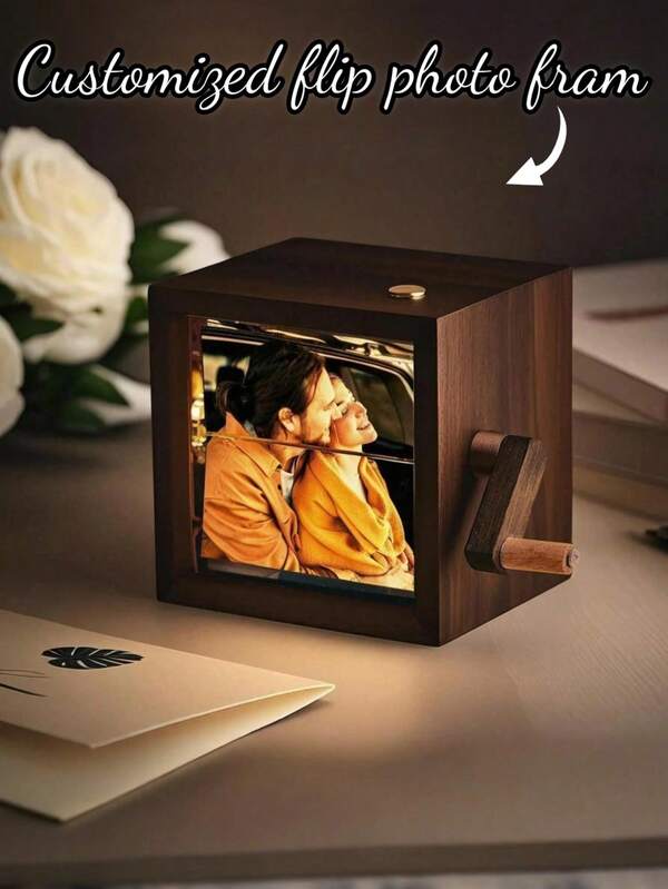 Custom Handmade Flip Book Photo Frame With Light, Personalized Wood Hand-Cranked Animation Box, 8 Or 16 Photos Display, Memorial Album With Beech/Black Walnut Fram, Suitable For Couples, Birthday, Anniversary, Christmas