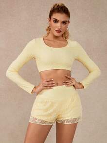 NcmRyu 1 Set Completo Sportivo Donna in Colore Tinta Unita con Inserti in Pizzo, Manica Lunga e Pantaloncini Corti, Adatto per Uso Quotidiano e Casual