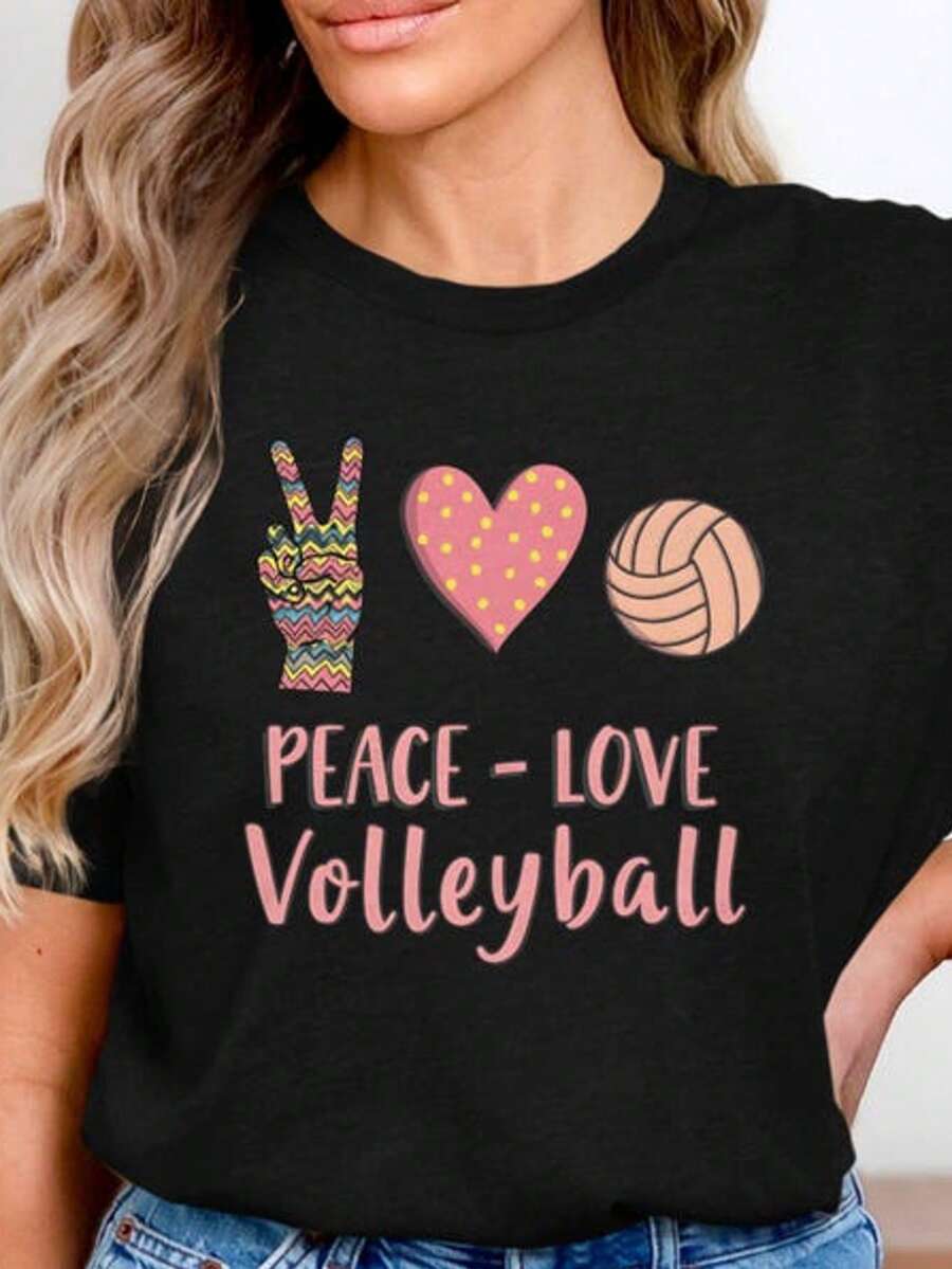 Peace Love Volleyball Shirt, Volleyball Graphic Tee, Volleyball Mom Shirt, Cute Volleyball Shirt For - màu đen - Xem 1