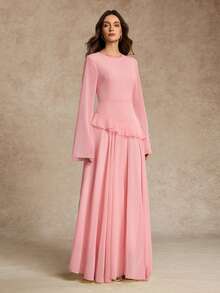 Women's Elegant Ruffle Trim Tie-Waist Flare Sleeve Dress, Spring/Summer - Pink - View 4