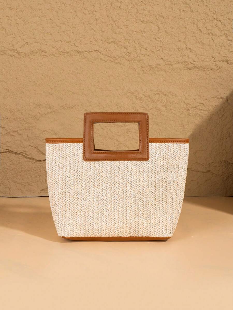 New European Style Woven Bag, Vacation Straw Bag, Travel Bag, Fashionable Portable Storage Bag, Beach Bag, Straw Handbag, Mini Straw Handbag, Summer Essential, Versatile Item, Perfect For Women, Girls, Students, Travel, Vacation, Beach, Holiday, Gift, Vacation, Beach Bags - Brown - View 1