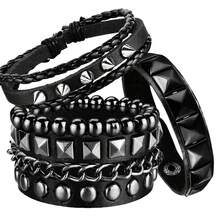 Xiacheng Bộ 4 vòng tay da đinh tán phong cách Punk unisex, vòng tay kim loại có thể điều chỉnh, bộ vòng tay rock. - Đen-02 - Xem 7