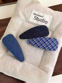 2个/3个装女士时尚优雅纯色牛仔布格子水滴BB夹，刘海侧夹，适合日常外出发型装饰配饰，波西米亚优雅风，头部配饰，发夹 - 彩色 - 查看 10