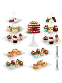 10pcs European Style 3-Tier Cake Stand, Plastic White Dessert Display Set For Afternoon Tea, Wedding, Baby Shower, Party, Includes 4pcs Cake Plate, 3pcs Cupcake Stand, 6pcs Dessert Tray