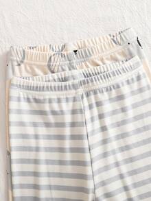 Set de 4 piezas de pijama de manga larga con estampado de rayas y animales para niños, de tela suave y cómoda, apto para uso diario - Rosa - Ver 5