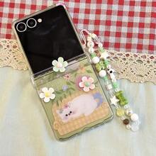Cute Floral & Cat Folding Phone Case With Chain, Thin & Stylish, Compatible With Samsung Galaxy Z Flip3 5G/Galaxy Z Flip 4 5G/Galaxy Z Flip 5 5G/Galaxy Z Flip 6 5G/Galaxy Z Flip 7 5G - Multicolor - View 1