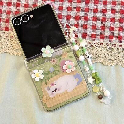 Sött blommigt och kattliknande telefonskal med kedja, tunt och snyggt, kompatibelt med Samsung Galaxy Z Flip3 5G/Galaxy Z Flip 4 5G/Galaxy Z Flip 5 5G/Galaxy Z Flip 6 5G/Galaxy Z Flip 7 5G