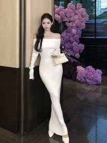 Sexy Tight Off Shoulder Bodycon Mini Dress, Stretchy Knitted Long Sleeve Slim Fitted Dress - White - View 4