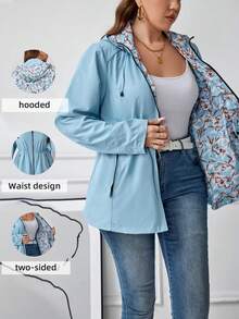 Giolshon Women's Cream Double-Sided Hooded Jacket - Reversible Printed Design, Casual & Fashionable, Suitable For Daily Layering, Autumn/Winter - Blue - View 2