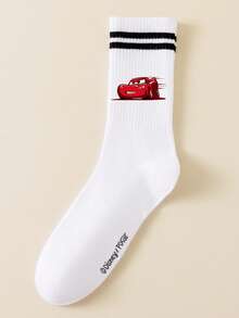 5/1 Pair Disney Men's Mid-Calf Socks, Black With Double Stripes And Car Pattern, Sports Socks - White - View 4