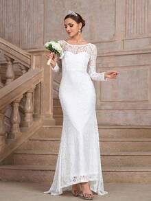 拖地长蕾丝圆领乡村教堂婚纱，带拖尾 - 白色 - 查看 5