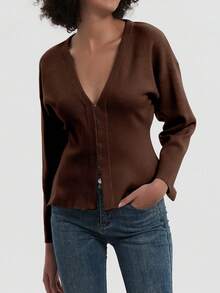 Cardigan casual lavorato a maglia in colore unito, ampio, da donna YROOE - Castano - Visualizzare 2