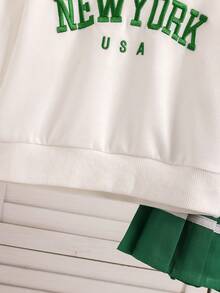 2pcs/Set Girls' Spring/Summer New Sporty & Energetic Letter Embroidery Contrast V-Neck Long Sleeve Sweatshirt + Pleated Mini Skirt, Girls Spring/Summer Outfit - Green - View 5