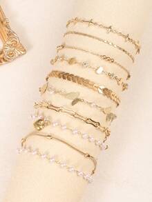 10pcs/Set Elegant Copper Inlaid Crystal & Faux Pearl Butterfly, Heart, Clover Charm Bracelet Set, Suitable For Women Daily Wear