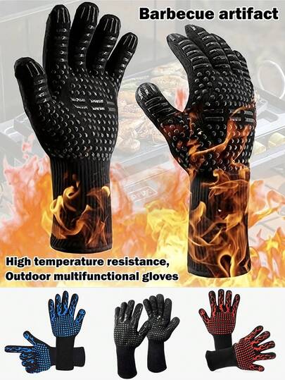 1 件耐热烤箱手套 - 耐热、防割、防滑、男士硅胶烧烤手套 - 厨房烹饪手套，适用于吸烟、烧烤、烘焙、户外露营、野餐、炊具烧烤配件、双层绝缘烧烤耐热烘焙手套