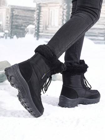 女士雪地靴，女士冬靴：米色人造毛皮衬里中筒靴，纯色圆头款式，采用合成鞋面，超柔软纤维衬里和耐用织物鞋垫，专为女性设计，适合户外活动、日常休闲穿着和寒冷天气，保暖内衬，厚 TPR 外底，人造毛皮饰边，舒适耐用，户外鞋，时尚冬季鞋类，也是送给女性的贴心礼物。