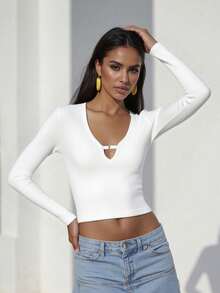 Camisas de manga larga sólidas para mujer, ajuste ceñido, cuello en V profundo, corte recortado para primavera y otoño, ropa de calle - Blanco - Ver 2
