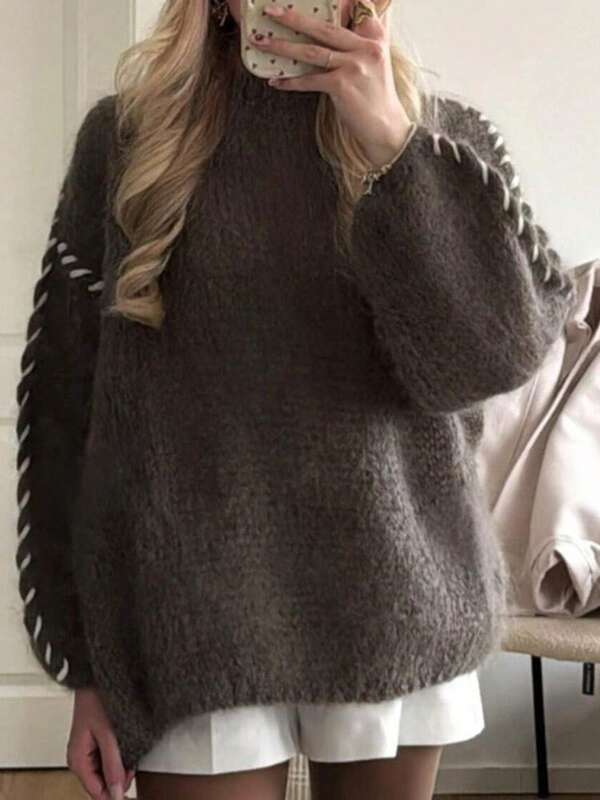 Pull en tricot de couleur unie, doux et en polaire, avec cordon de serrage, décontracté pour l'automne