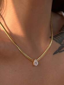 1 件不锈钢雕刻链配泪珠锆石吊坠项链，适合日常佩戴 - 金黃色 - 查看 8
