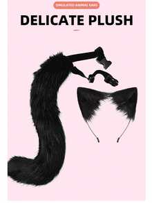 2 件套角色扮演猫耳头带和尾巴组合，手工制作的可爱猫咪女孩耳朵发饰和尾巴装饰套装，适合圣诞节、万圣节、猫主题派对、情人节、新年假期派对、爱猫人士礼物