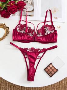 2PCS Women's Wine Red Floral Sexy Lingerie Set, Semi Transparent Home Bra And Thong Women's Two Pieces Set, Christmas And Halloween Carnival Night Surprise Underwear Set - 酒紅色 - 查看 2