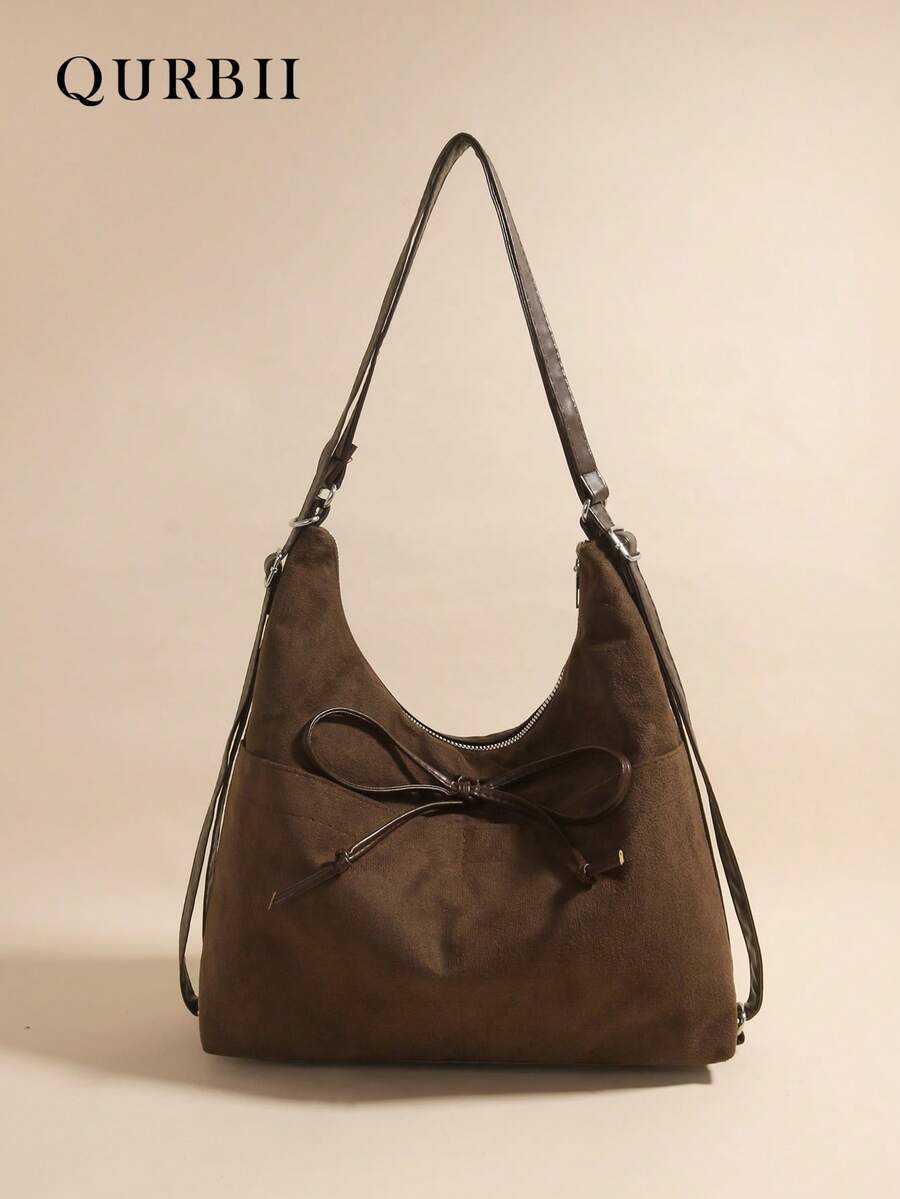 Large Capacity Bow Decor Casual Tote Bag, New High-End Suede Handbag For Women, Autumn/Winter, Matte Texture Commuter Shoulder Bag