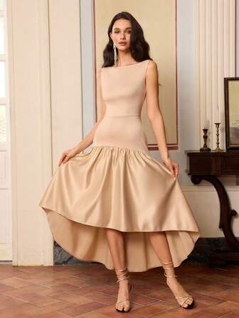 时尚百搭约会派对无袖高腰喇叭长款休闲连衣裙春假装度假装女装