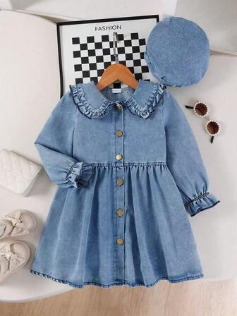 2pcs/Set Young Girl Elegant Ruffled Hem Dress & Single-Breasted Cardigan With Stylish Beret Hat, Suitable For Autumn, Back To School, Daily, School, Commute, Countryside Photography