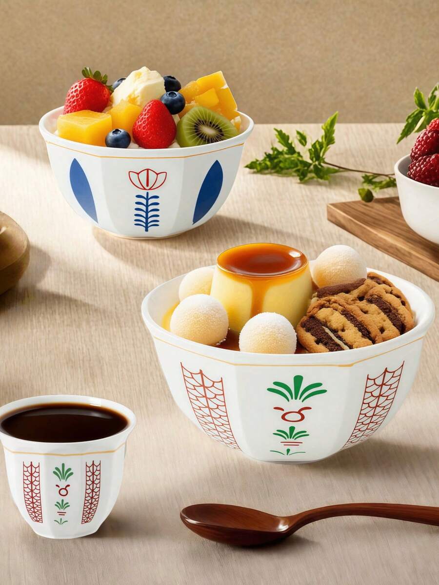 700毫升阿拉伯风格陶瓷甜点碗套装,艺术陶瓷碗,棕榈树/郁金香图案,色彩缤纷的简约设计,光滑边缘,适合居家/咖啡馆/派对,节日礼物,1个装 - 彩色 - 查看 1