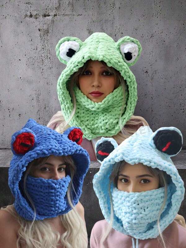 1 Piece Women/Men's Hat Hand-Knitted Cute Frog Hat Autumn And Winter Warm Warm Masked Pullover Hat Outdoor Travel Versatile Casual Clothing, Acrylic 100%