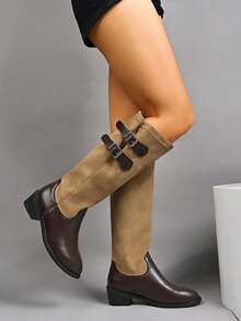 Westlicher Stil Schlüpf-Stiefel modisch sexy vielseitig Kniehohe Stiefel, bequeme & schöne Kniehohe Stiefel mit niedrigem Absatz rutschfest für Frauen, Outdoor Country Resort Kniehohe Stiefel, Schneestiefel, Wadenlange Stiefel, Plateau Dicksohlenstiefel, Reitstiefel, Kampfstiefel, wasserdichte Plateau Laufschuhe, Wanderschuhe, Stiefel mit Plateauabsatz, Patchwork Stiefel, Kniehohe Modestiefel