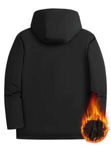 Mid-Length Men's Thermal Lined Casual Hooded Jacket With Detachable Hood, Warm Outerwear - Black - View 2