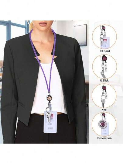 1pc Daily Office Supplies, ID Card Hanging Rope, Detachable Safety Buckle, Rhinestone Hanging Rope, Crystal ID Card Bag, Purple