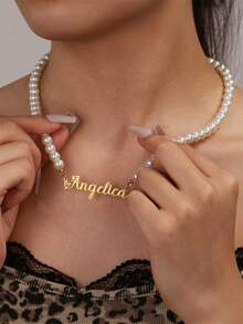 Dây chuyền tên tùy chỉnh, Dây chuyền ngọc trai phong cách Bohemian cá nhân hóa quyến rũ dành cho nữ, Mặt dây chuyền tên thủ công bằng thép không gỉ màu vàng, Trang sức dự tiệc, Quà tặng gia đình, Trang phục hàng ngày, Giáng sinh, Năm mới, Lễ Tạ ơn Quà tặng thanh lịch - Gold-MolyniaScript - Xem 2