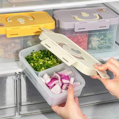 1 قطعة صندوق حفظ طازج من البلاستيك الشفاف مع غطاء، به قسمان قابلان للإزالة لتخزين البصل والزنجبيل والثوم، حاوية تخزين قابلة لإعادة الاستخدام، مناسبة لصناديق تخزين الأطعمة في المطابخ والمطاعم
