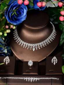 1 Set Fashionable Cubic Zirconia & Floral Decor Jewelry Set, Suitable As Engagement Gift For Women