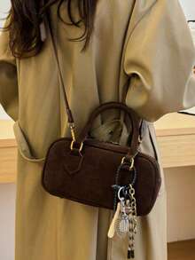 Vintage Fashion Versatile Texture Boston Bag, Exquisite Hanging Decoration Large Capacity Small Square Bag, Niche Design Solid Color Imitation Suede Crossbody Bag, Suitable For Commuting, Shopping And Work - Coffee - View 3