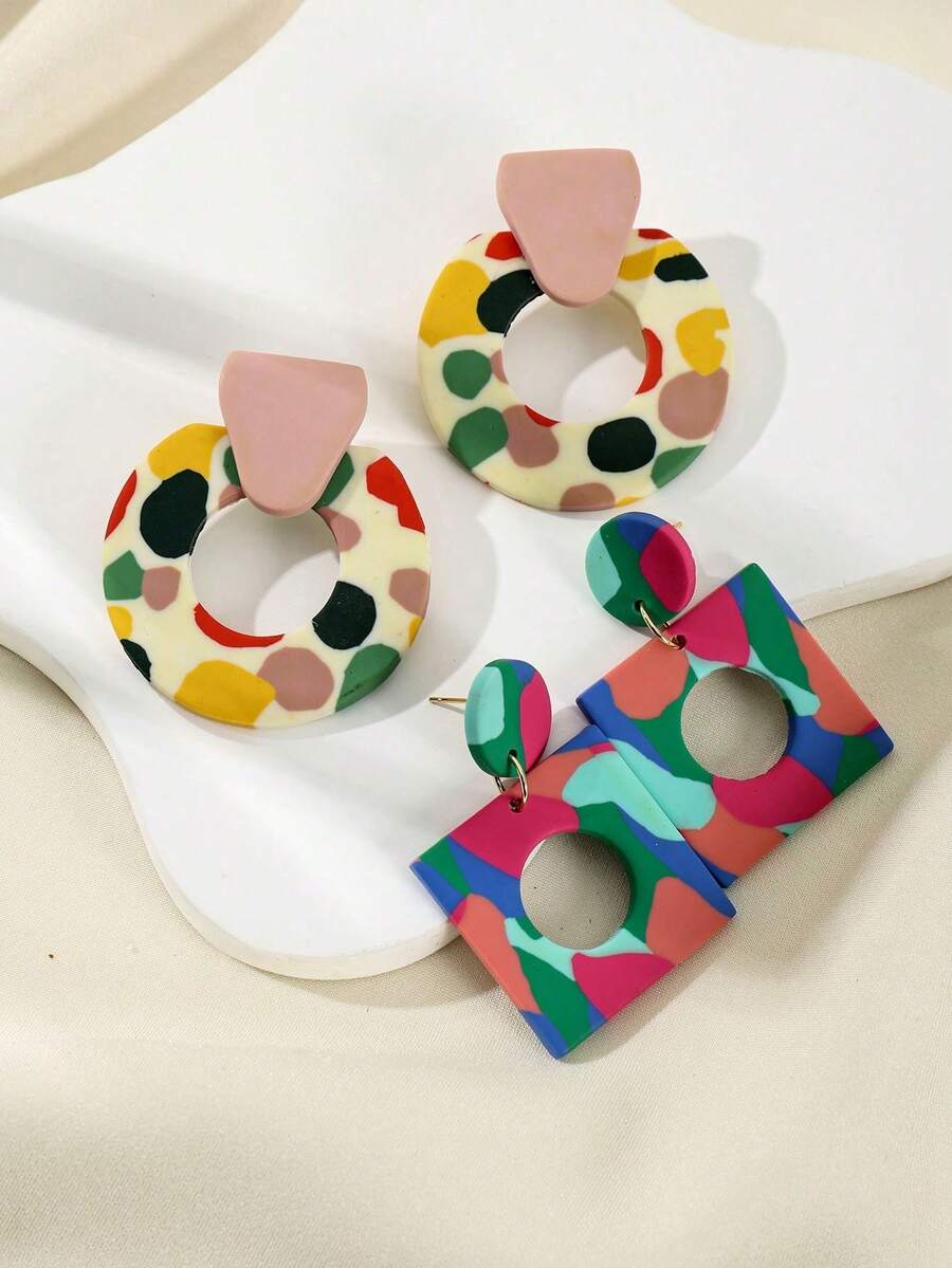 Bohemian Personalized Exaggerated Geometric Circle Earrings Fashion Colorful Printing Contrast Color Clay Earrings For Female Vacation Accessories