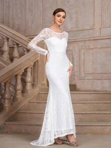 拖地长蕾丝圆领乡村教堂婚纱，带拖尾 - 白色 - 查看 6